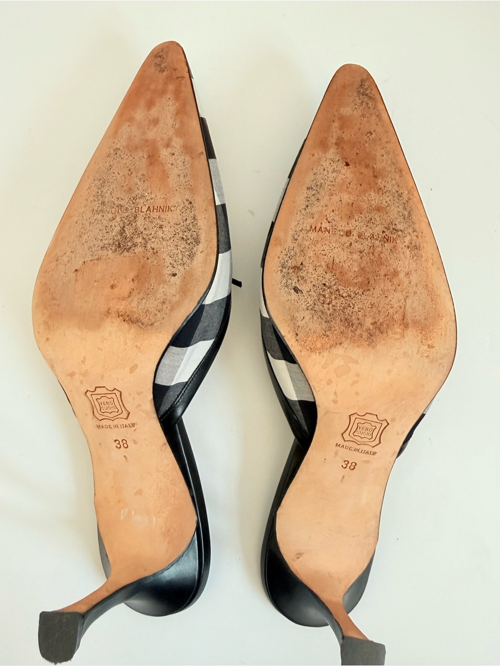 Manolo Blahnik LATAMU Black White Gingham Check Bow Pointed Toe Kitten mules 38 - Picture 9 of 10